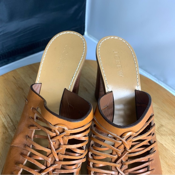 J. CREW Sandals Womens Sz 7.5 Marlow Tan Brown Woven Huarache Mule Heel Leather - Picture 5 of 11
